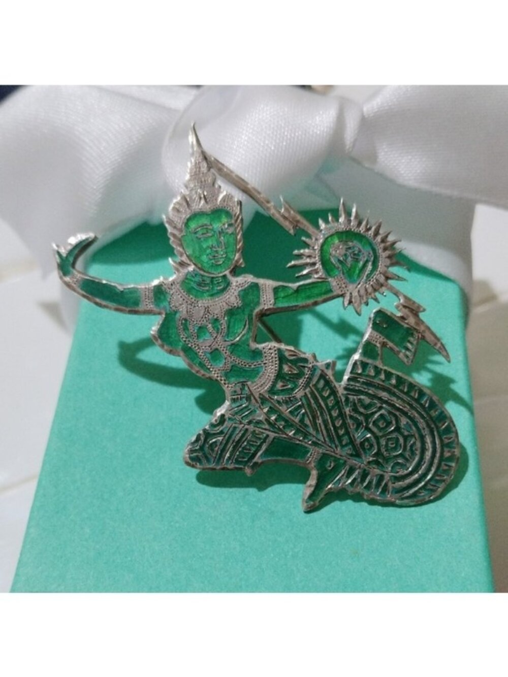 Vintage Siam Sterling Silver Niello Green Enamel Brooch Thai Mekkala Goddess